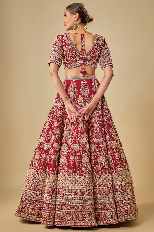 red raw silk hand embroidered lehenga set