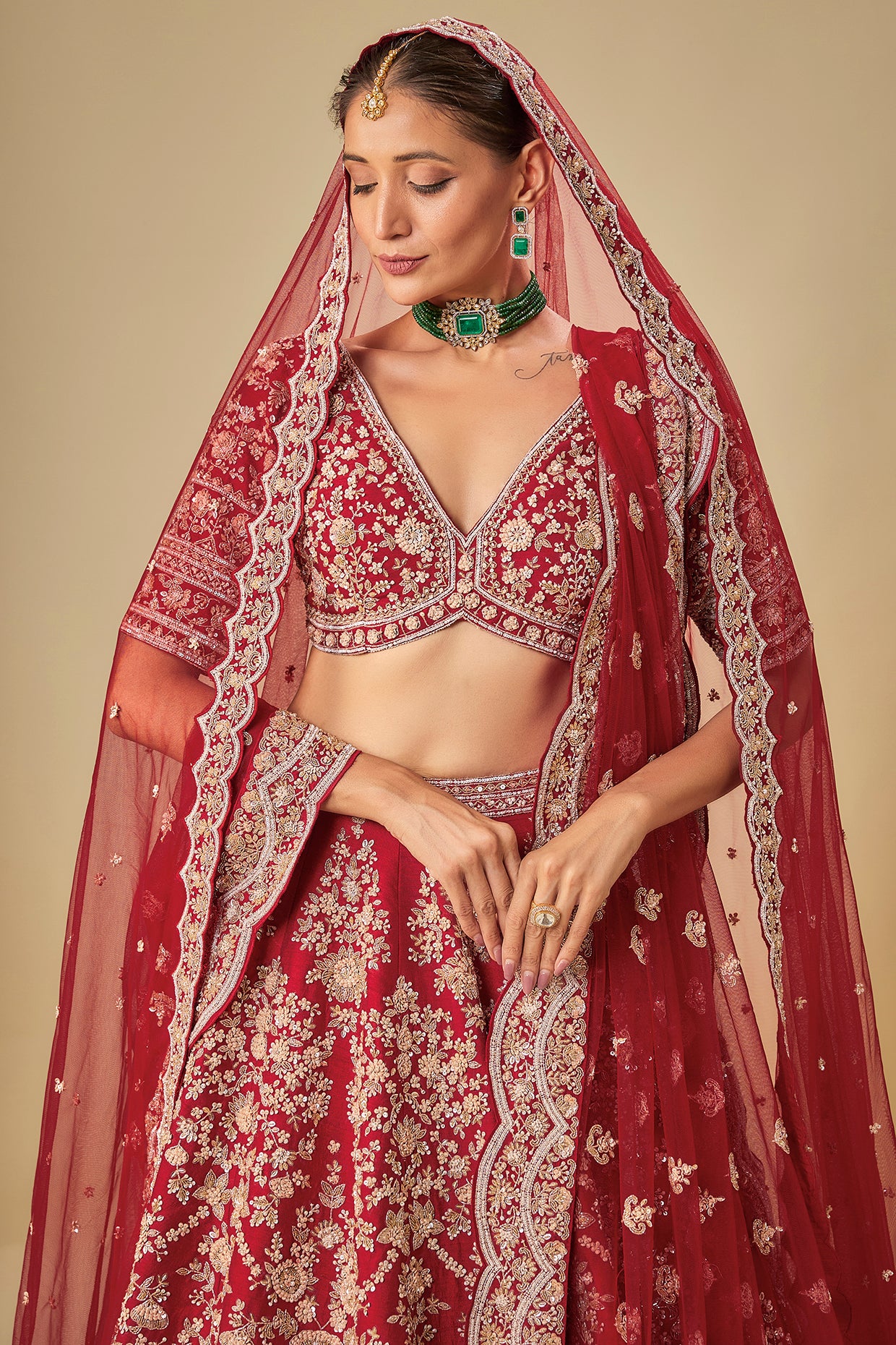 red raw silk hand embroidered lehenga set