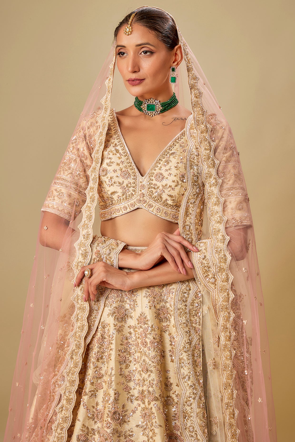 ivory raw silk hand embroidered lehenga set
