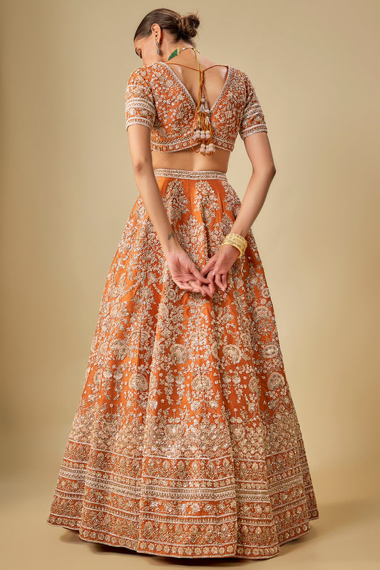 rust raw silk hand & machine embroidered lehenga set