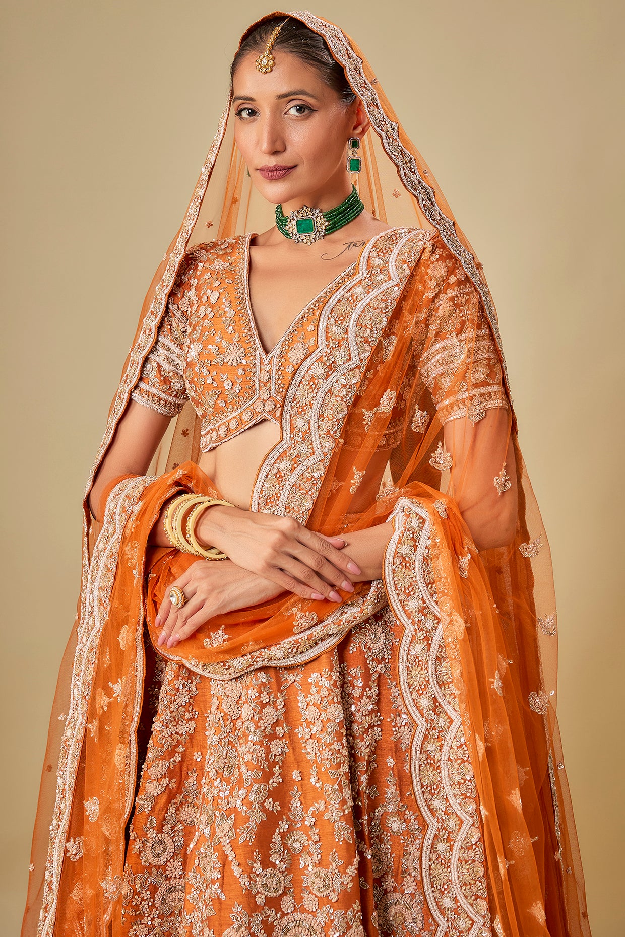 rust raw silk hand & machine embroidered lehenga set