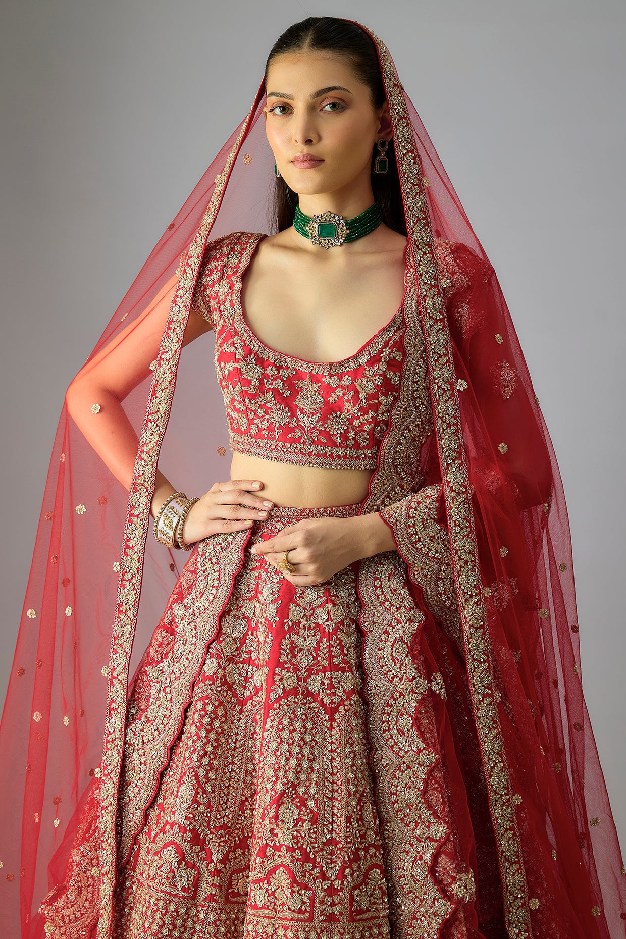 red raw silk embroidered lehenga set