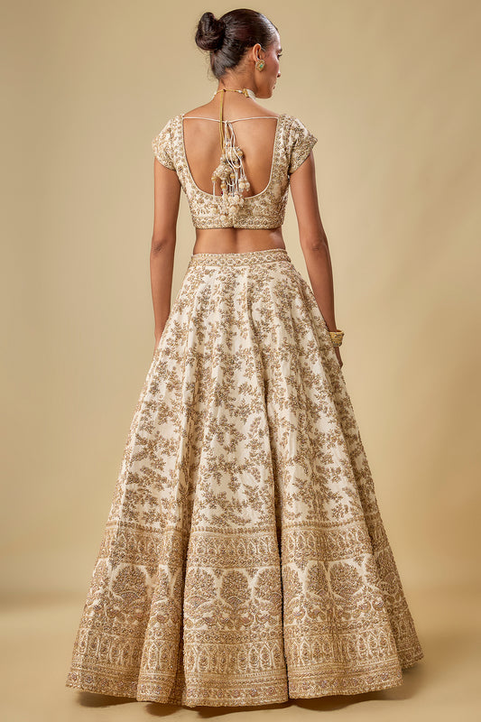 ivory raw silk hand & machine embroidered lehenga set