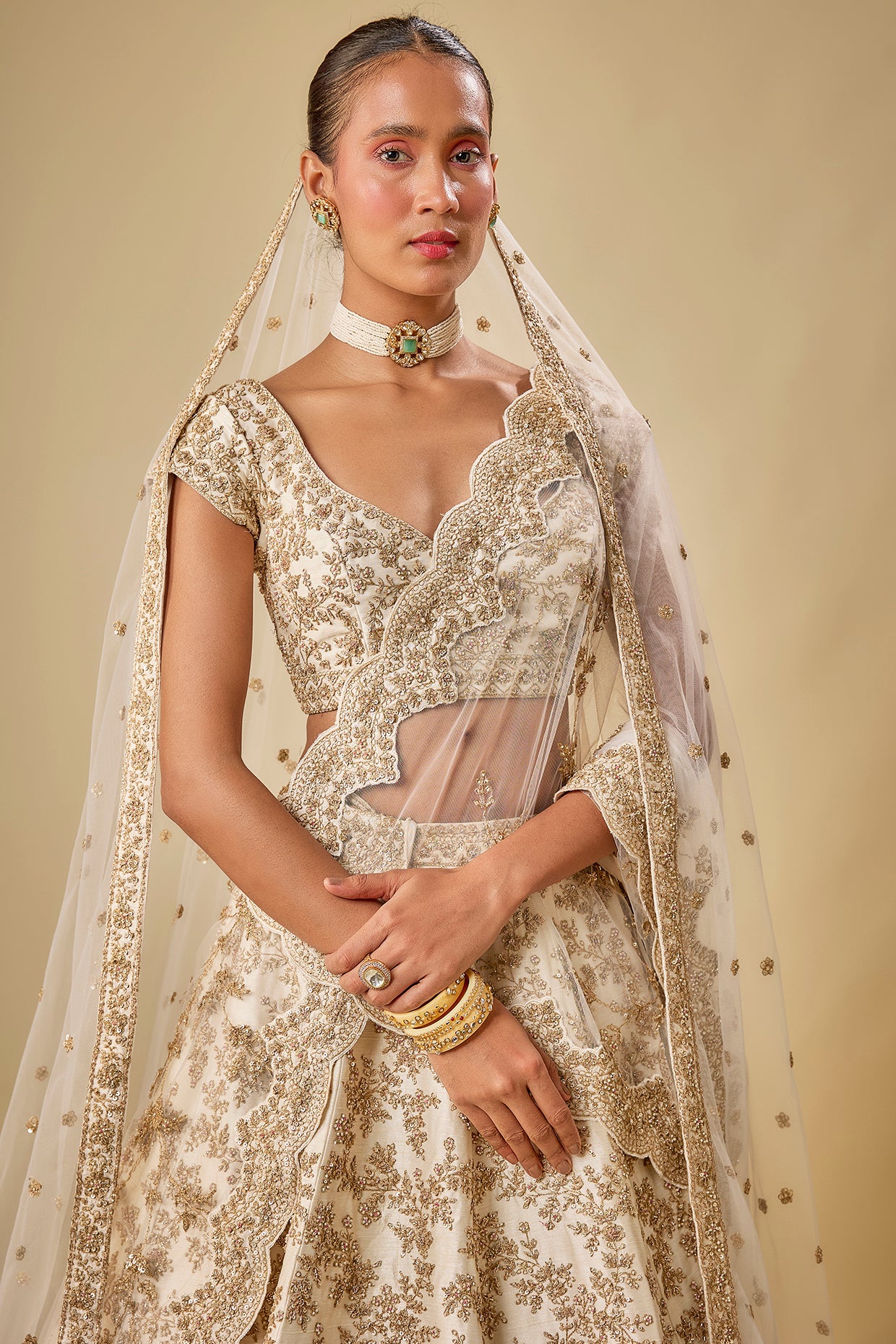 ivory raw silk hand & machine embroidered lehenga set