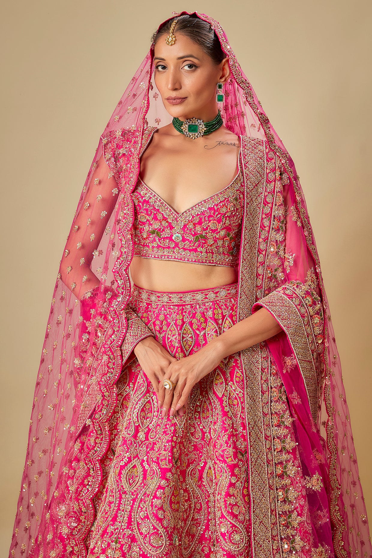 rani pink raw silk hand & machine embroidered lehenga set