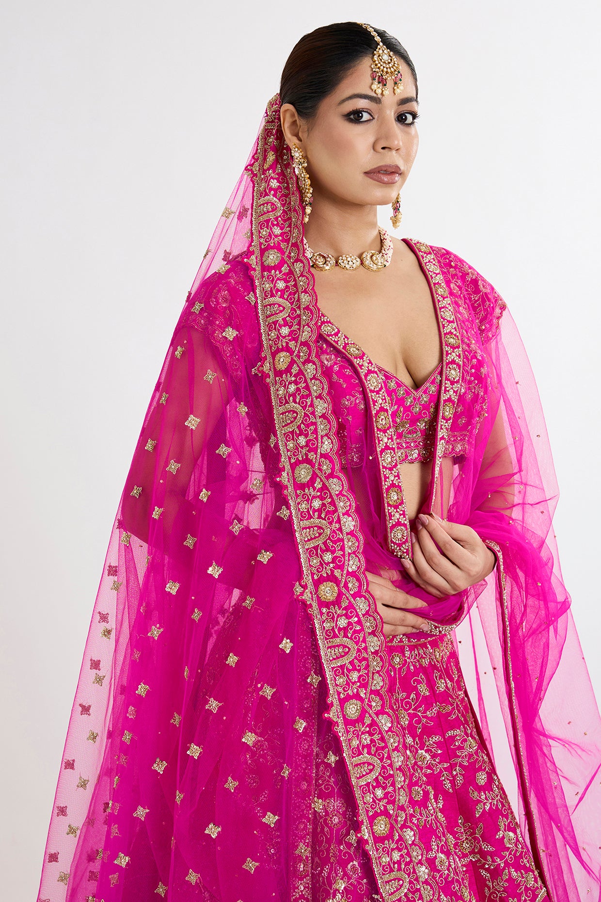 rani pink raw silk zardosi embroidered lehenga set