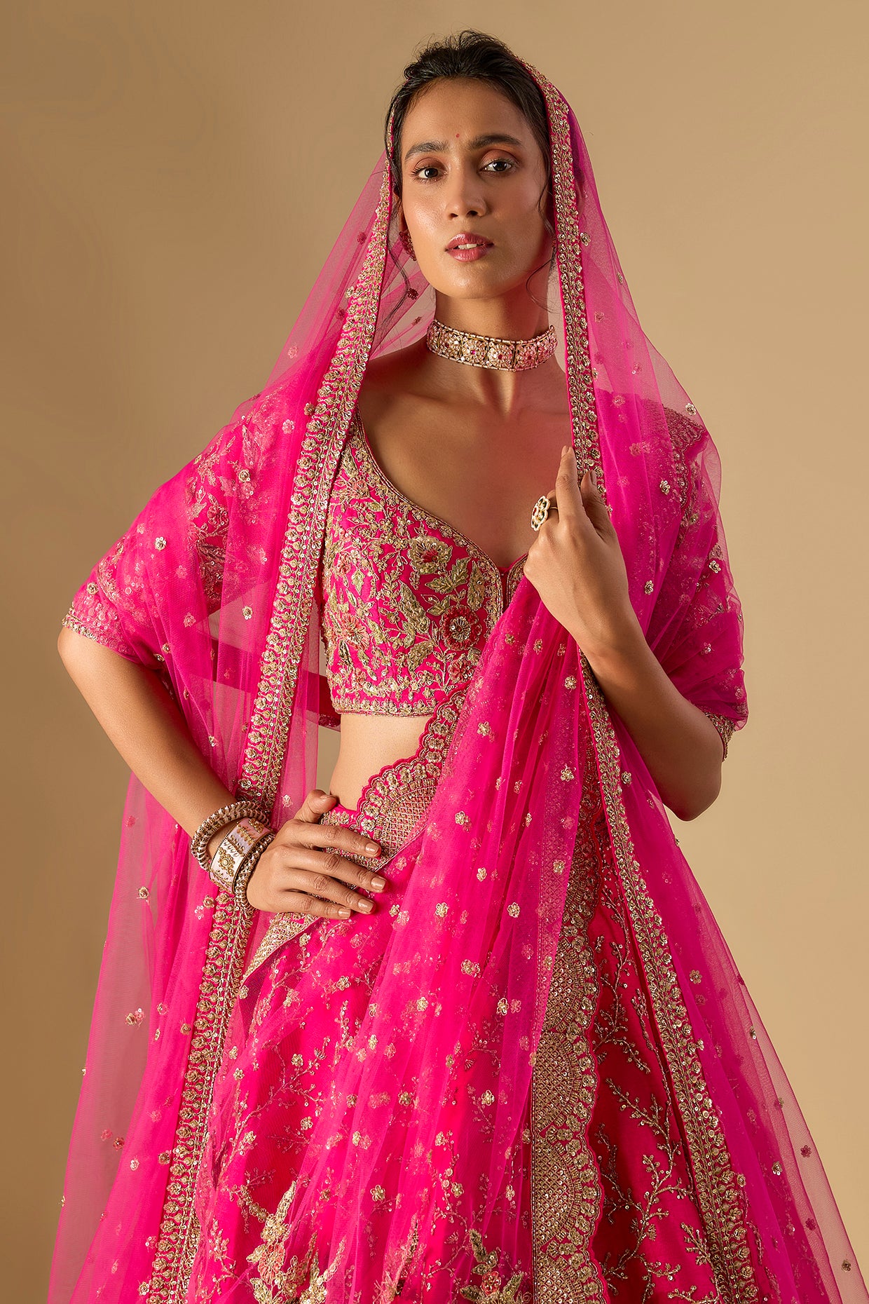 rani pink raw silk zardosi embellished lehenga set