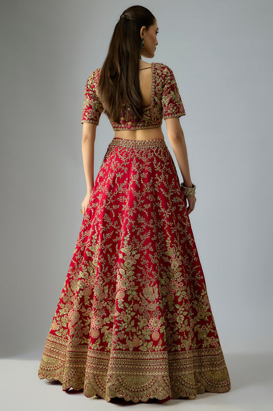 maroon raw silk embroidered lehenga set