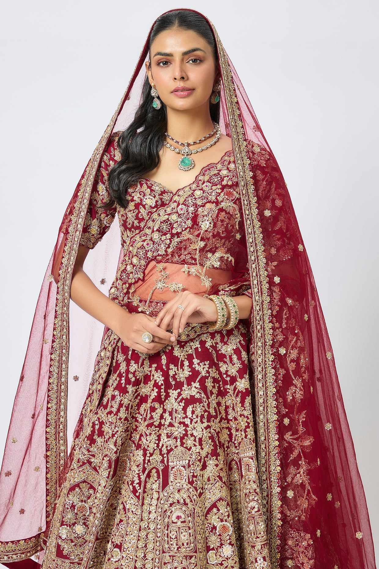 maroon raw silk cutdana hand & machine embroidered lehenga set