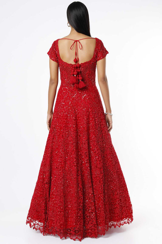 red embellished gown