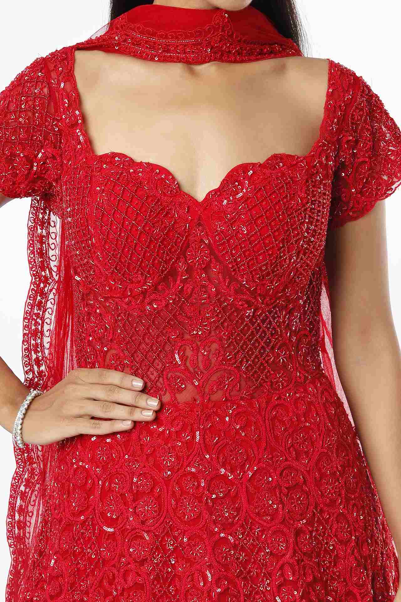 red embellished gown