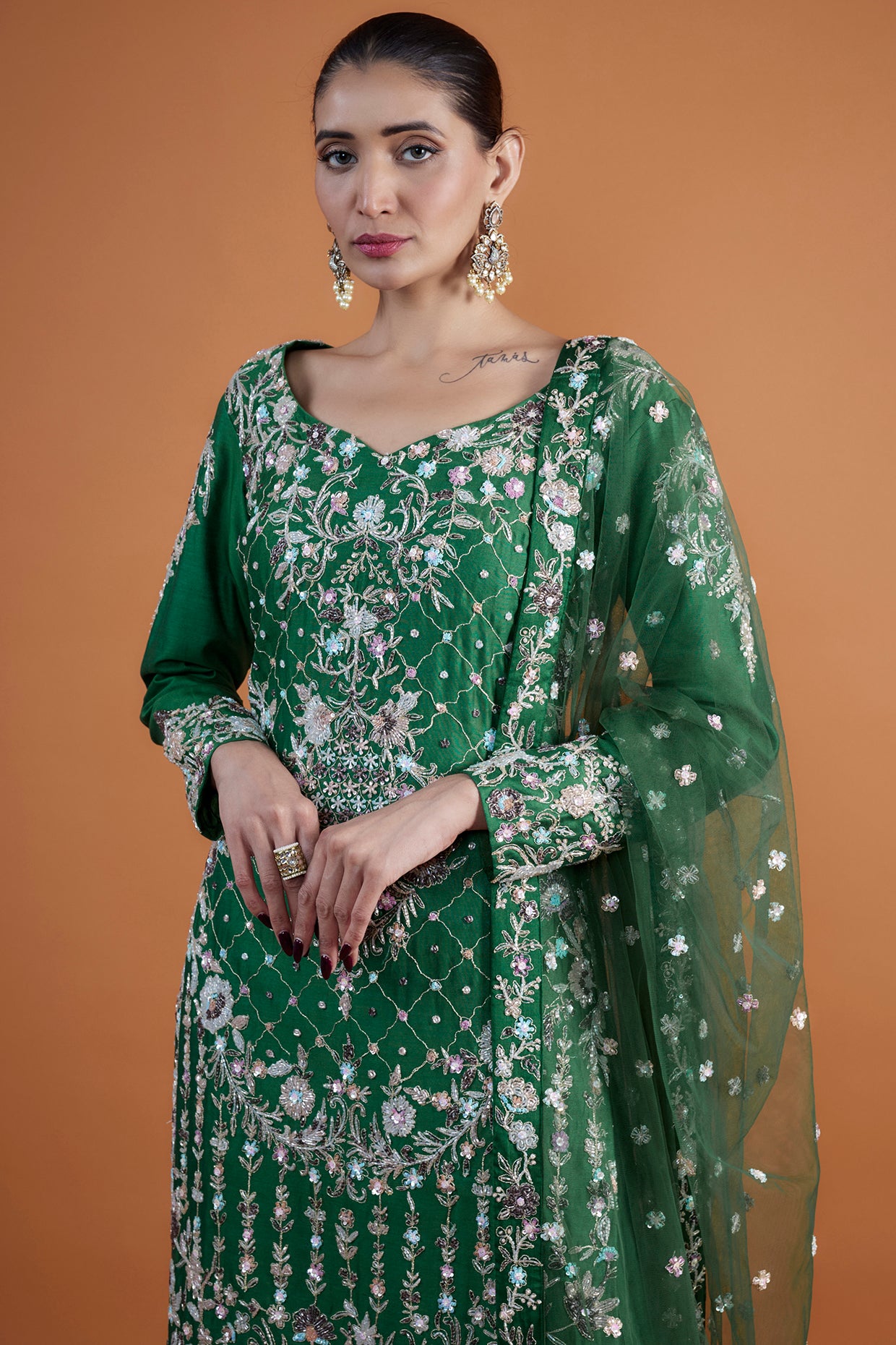 bottle green chanderi hand & machine embroidered sharara set