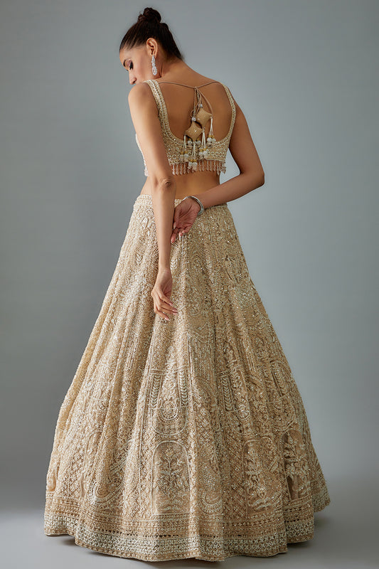 gold net hand embroidered lehenga set