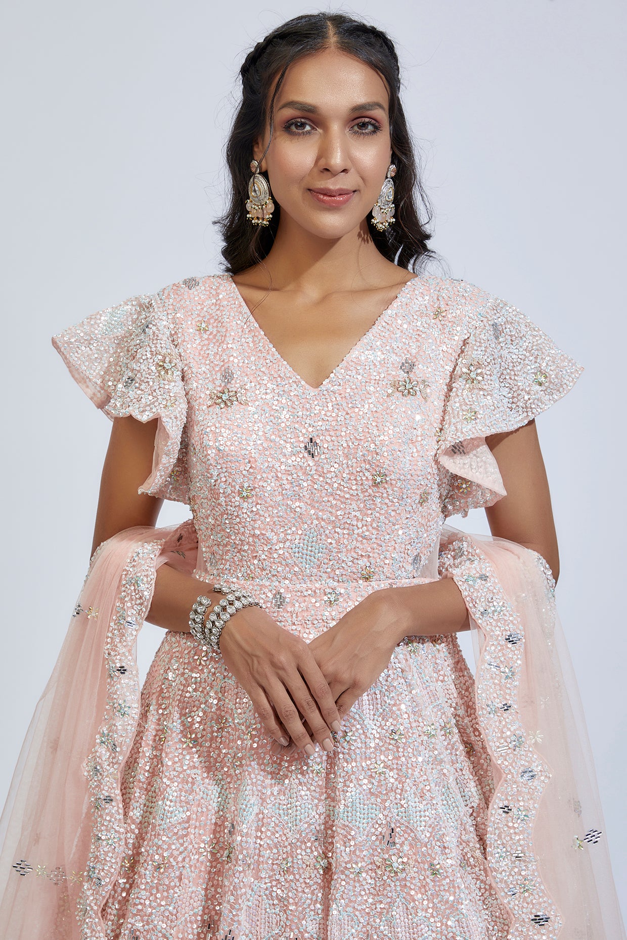 pink organza embroidered gown with dupatta