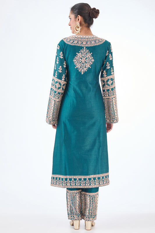 Teal blue chanderi hand embroidered kurta set