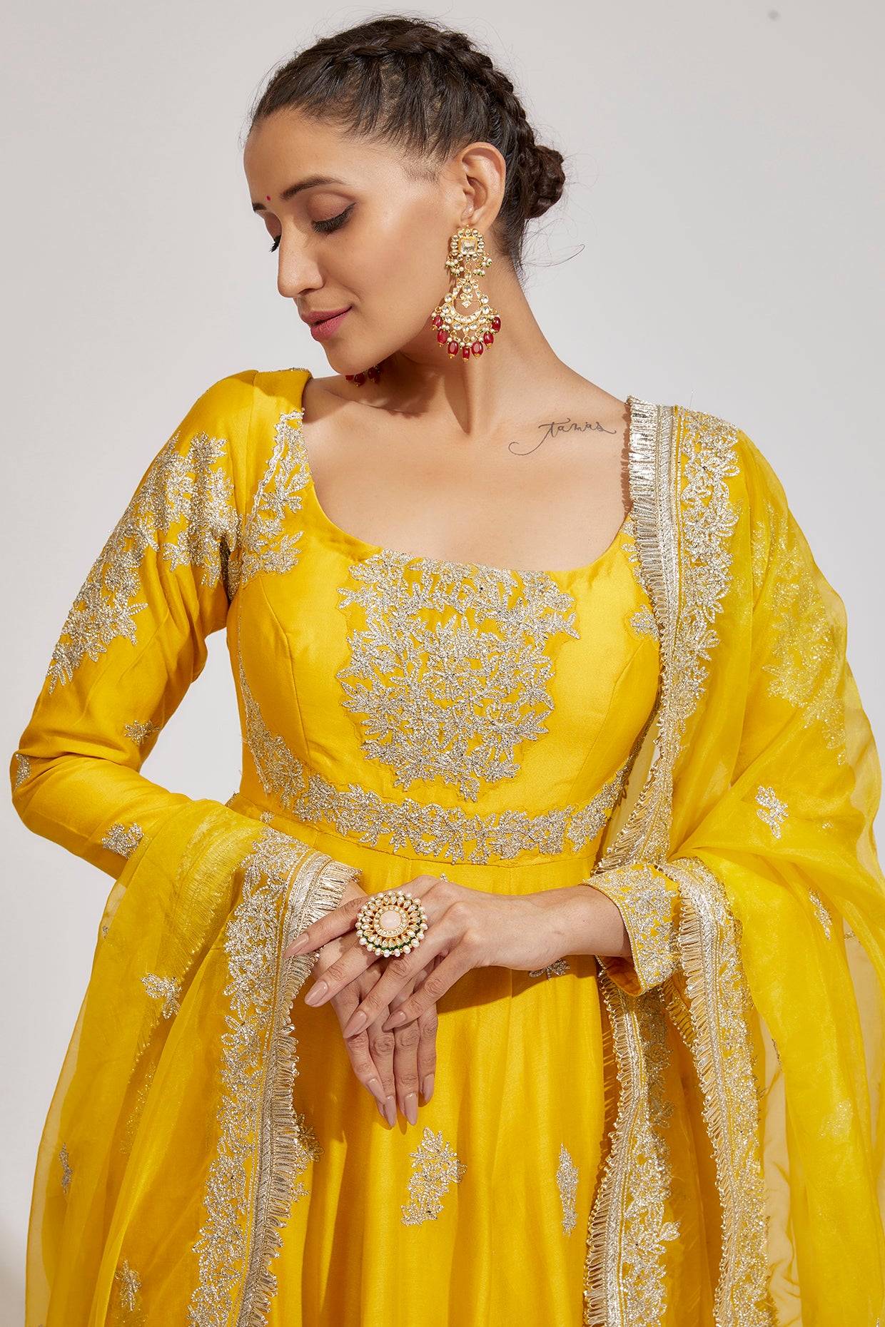 yellow chanderi embroidered anarkali set