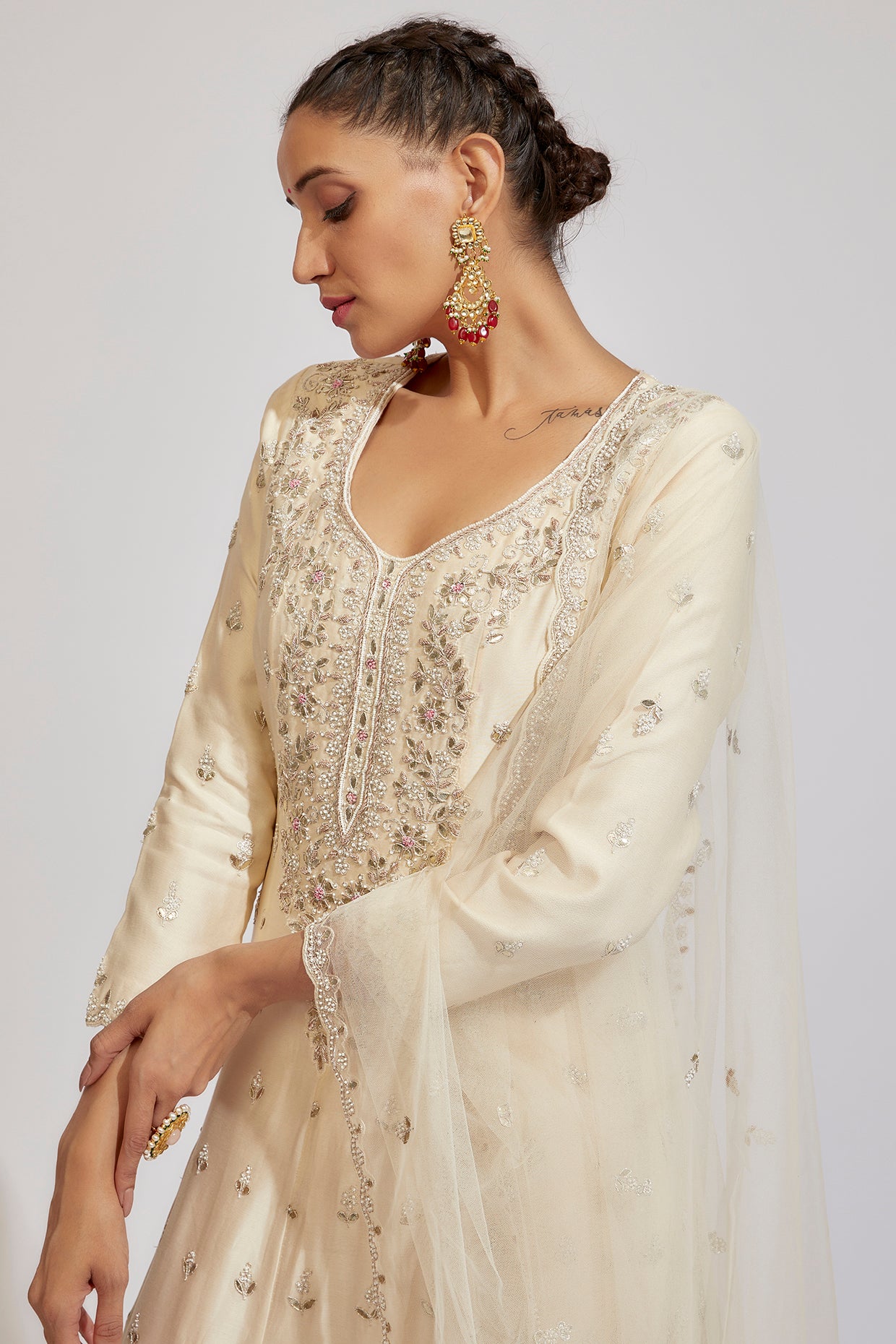 ivory chanderi embroidered anarkali set