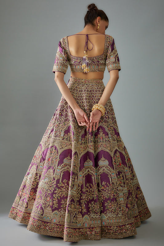 purple raw silk hand embroidered lehenga set