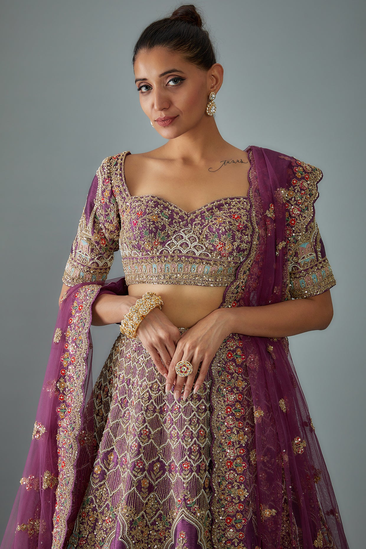 purple raw silk hand embroidered lehenga set