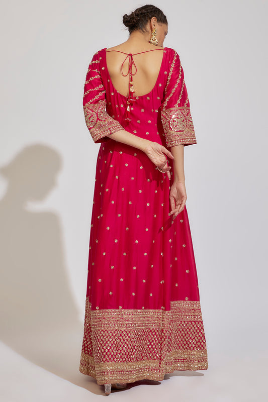 pink chanderi embroidered anarkali set
