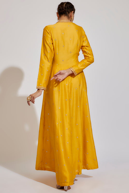 yellow chanderi embroidered anarkali set