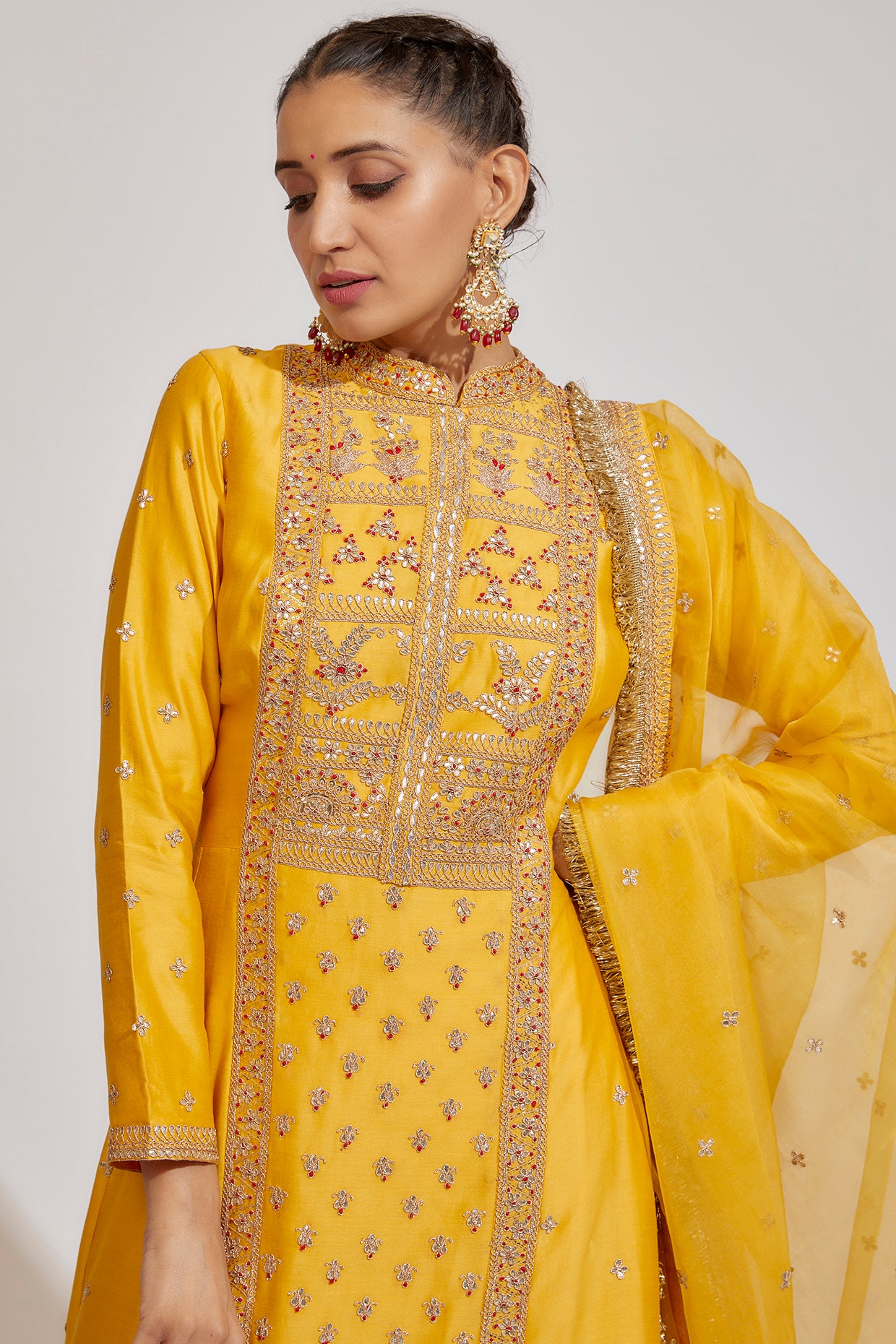 yellow chanderi embroidered anarkali set