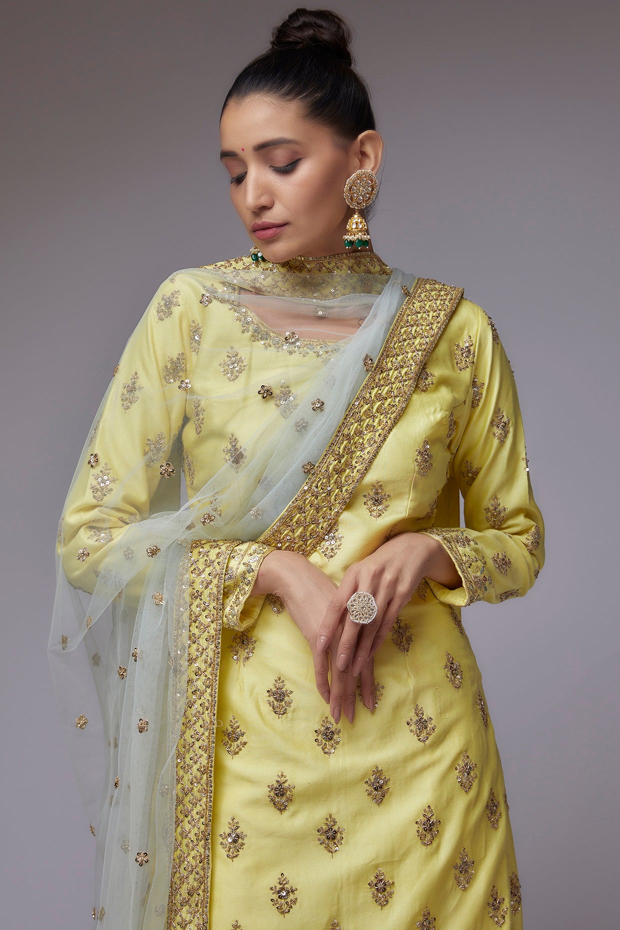 Yellow chanderi embroidered kurta set
