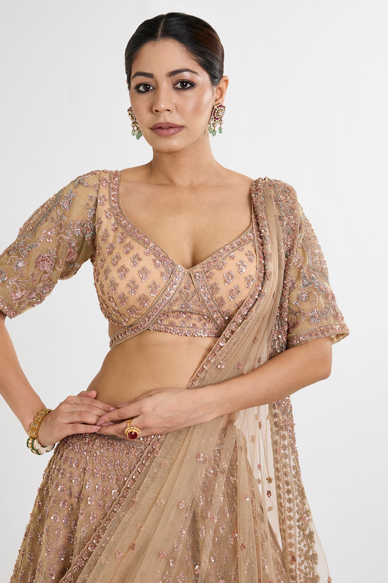 gold organza cutdana & zardosi embroidered lehenga set