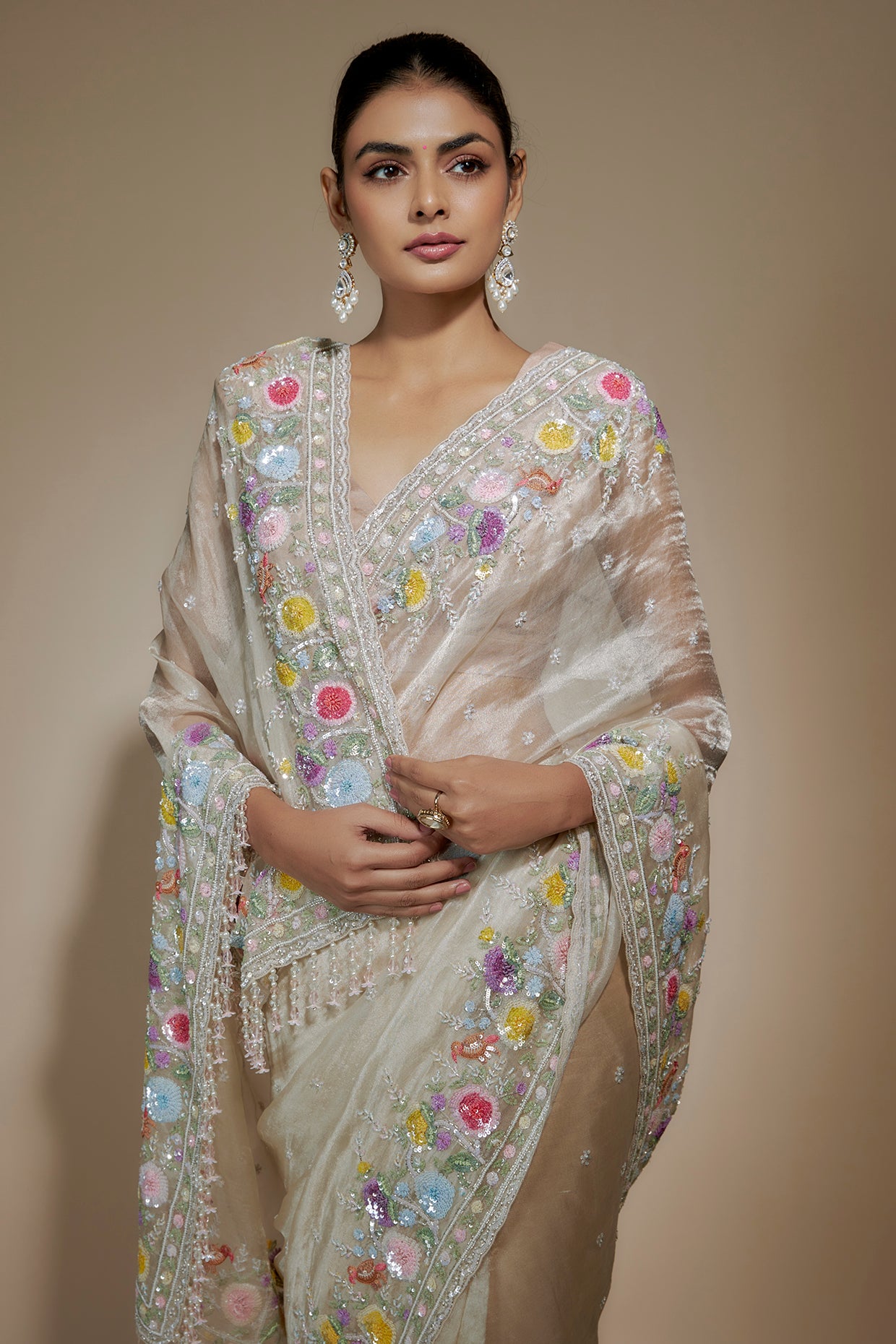 gold tissue organza sequin embellished saree set