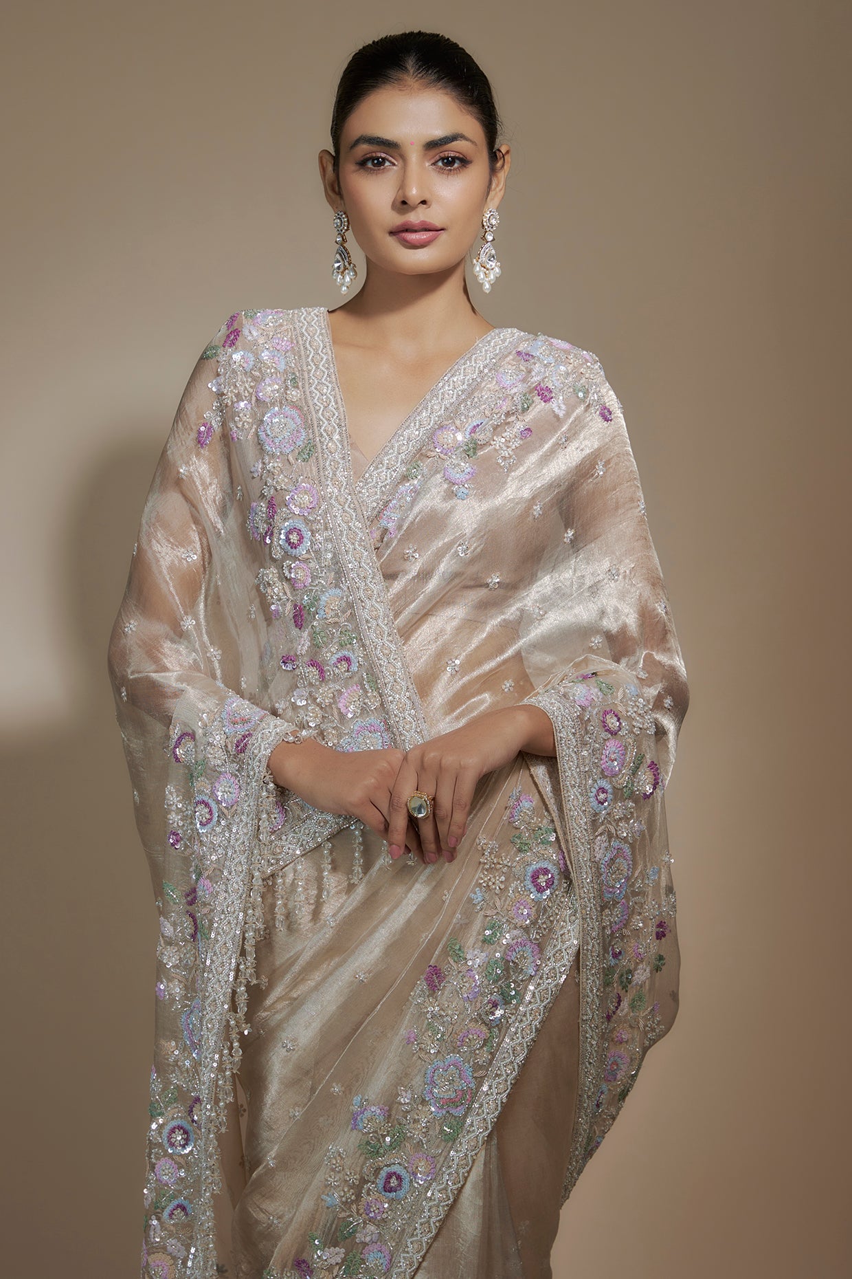 gold tissue organza sequin embellished saree set