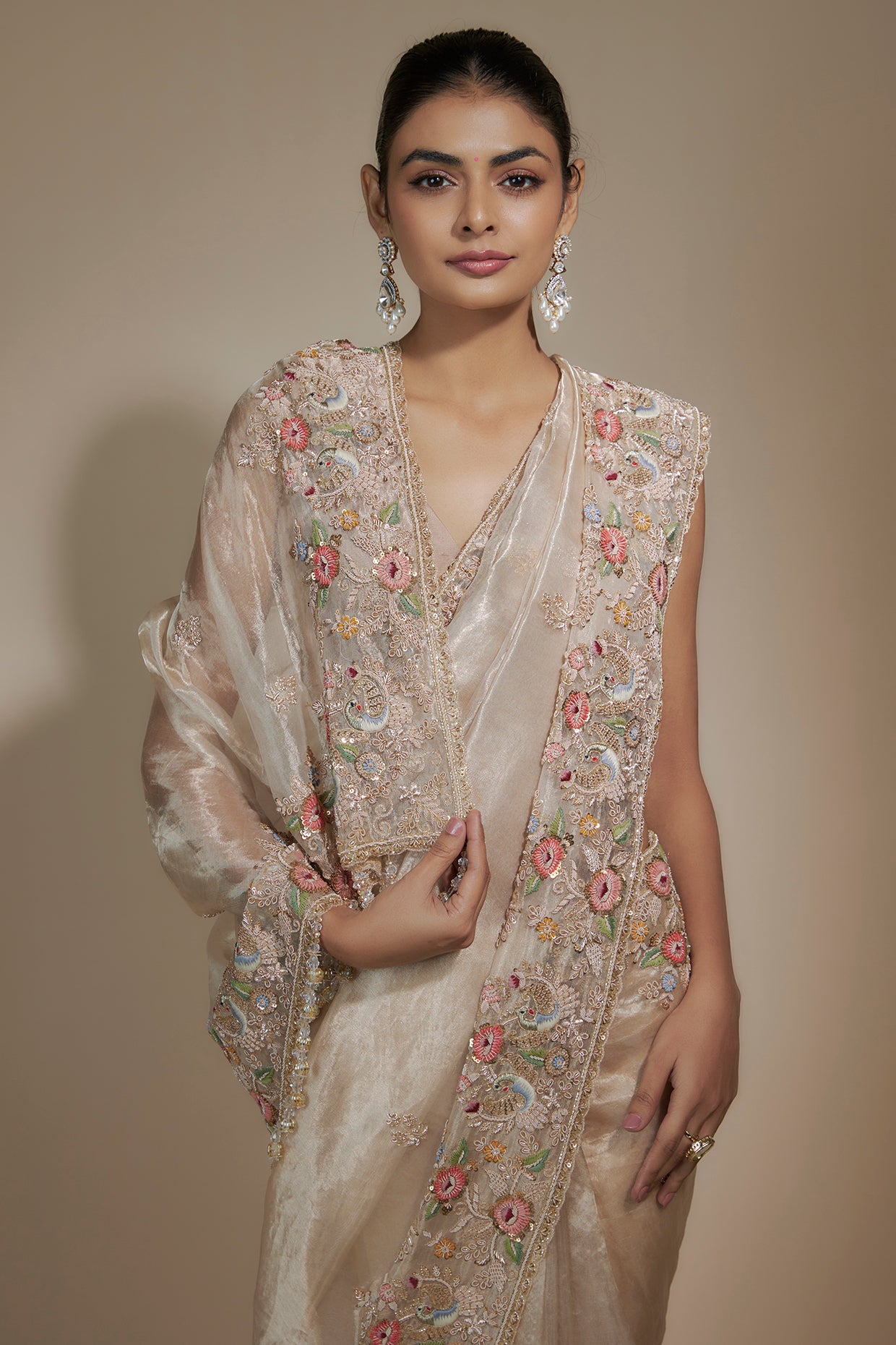 gold tissue organza sequin embellished saree set