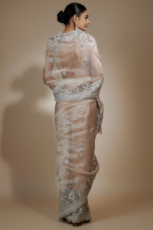 peach tissue organza sequin embellished saree set