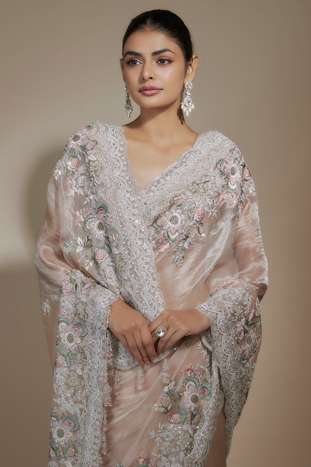 peach tissue organza sequin embellished saree set