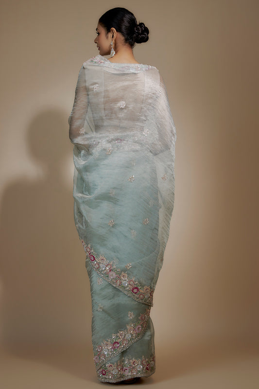 ice blue tissue organza sequin embellished saree set
