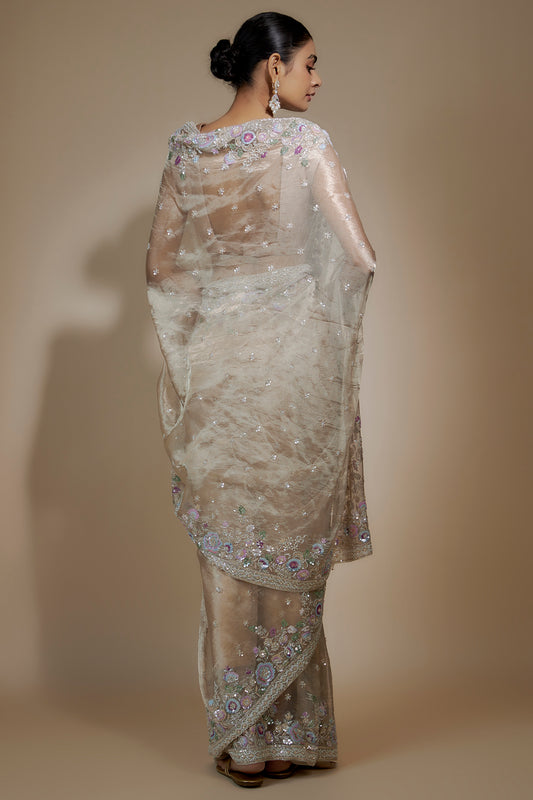 pink tissue organza sequin embellished saree set