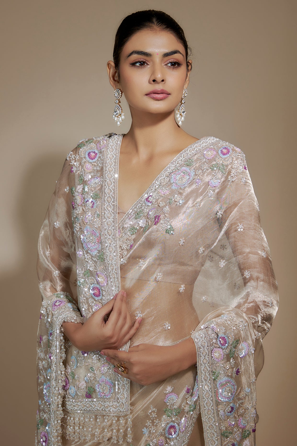 pink tissue organza sequin embellished saree set