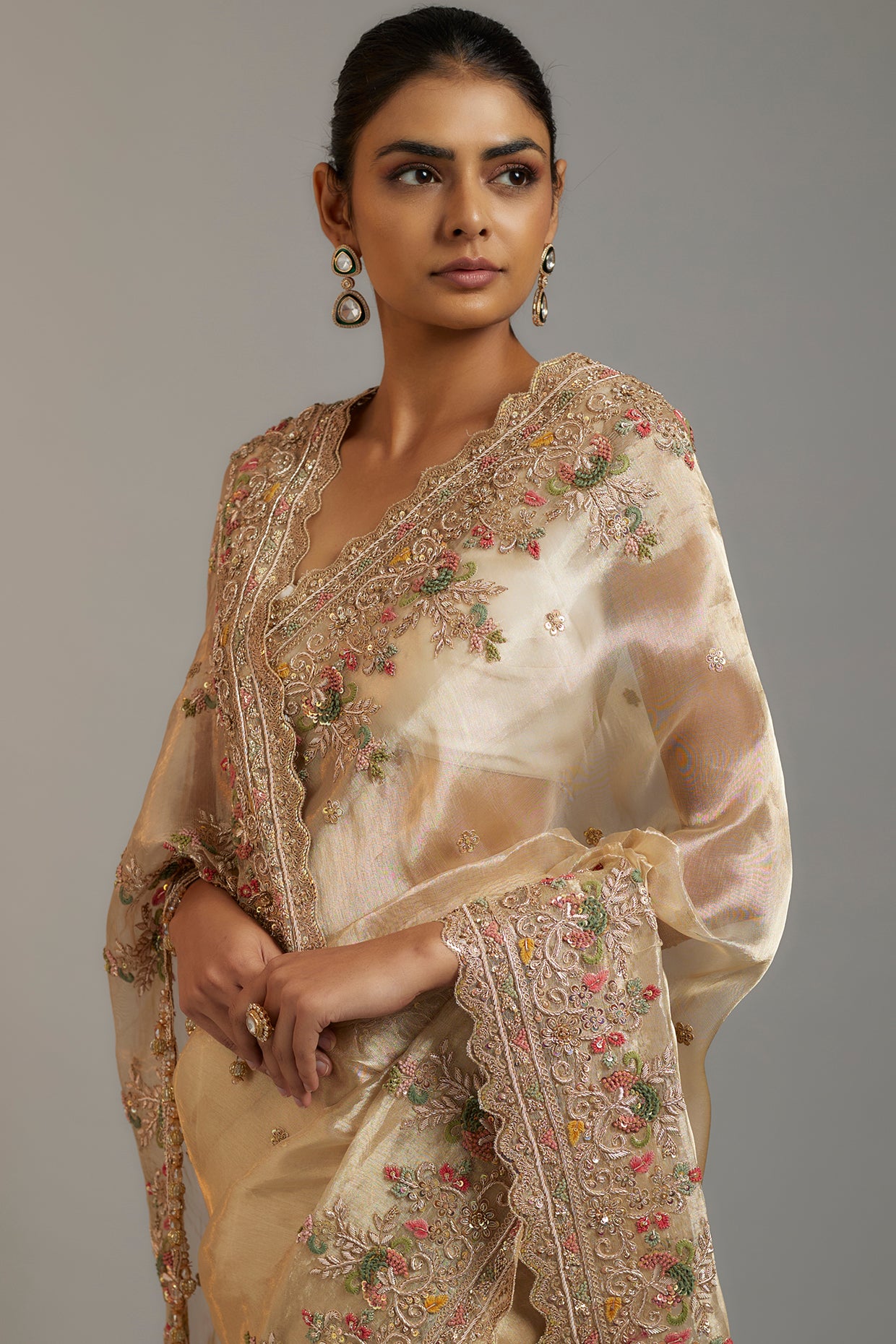 gold tissue organza sequins embellished saree set