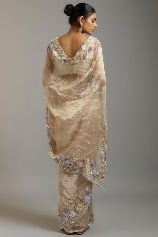 gold tissue organza sequins embellished saree set