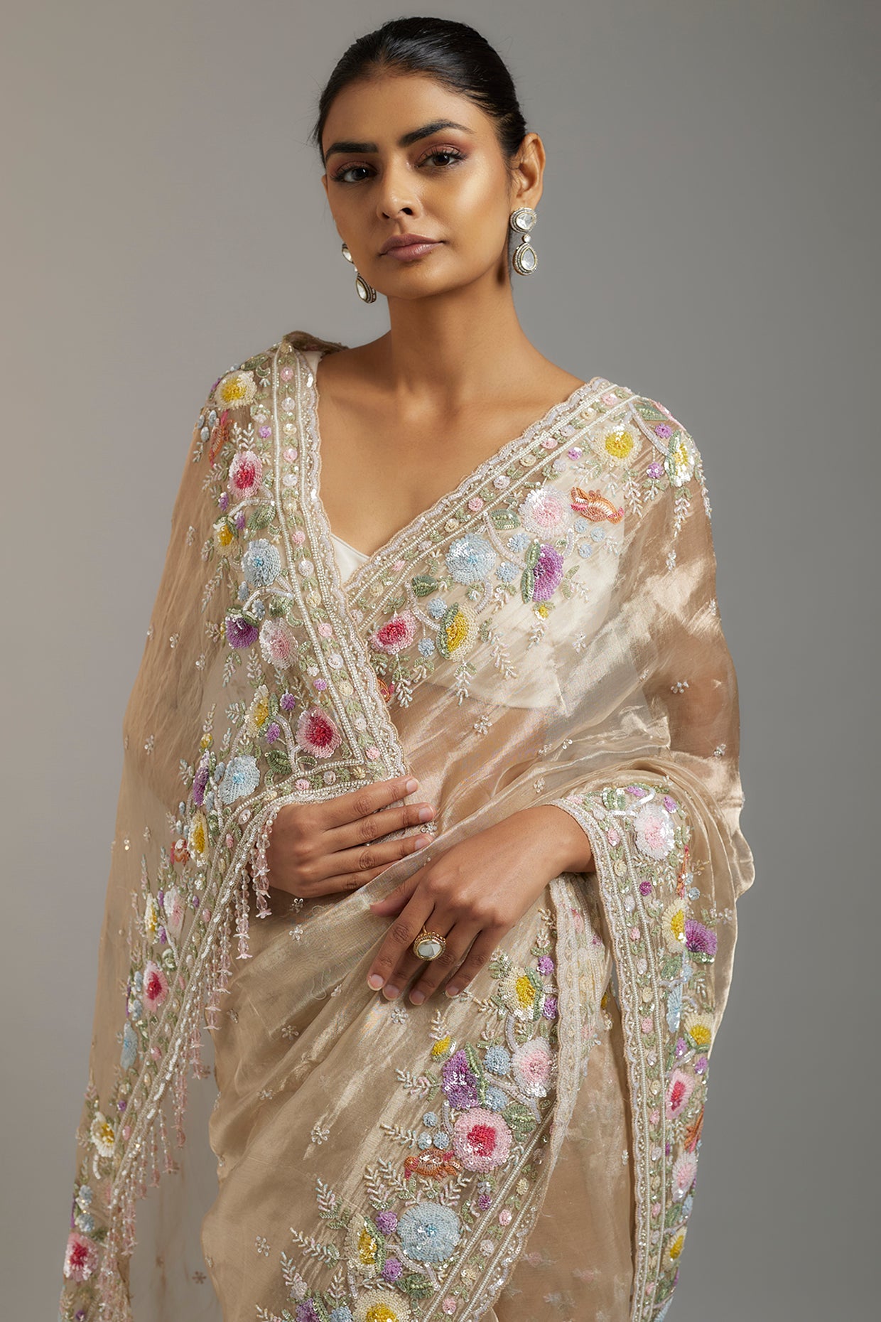 gold tissue organza sequins embellished saree set