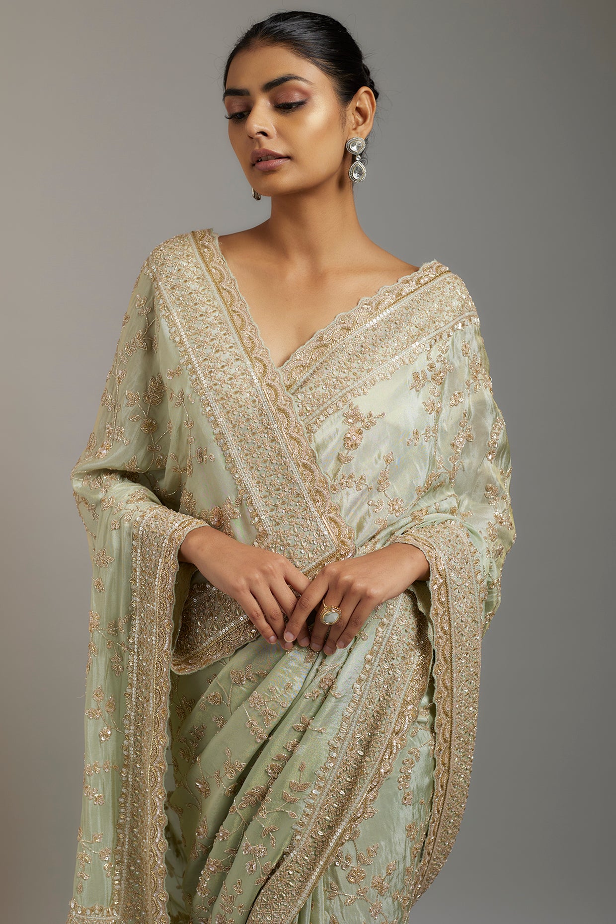 mint tissue organza sequins embellished saree set