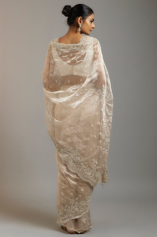 pink tissue organza sequins embellished saree set