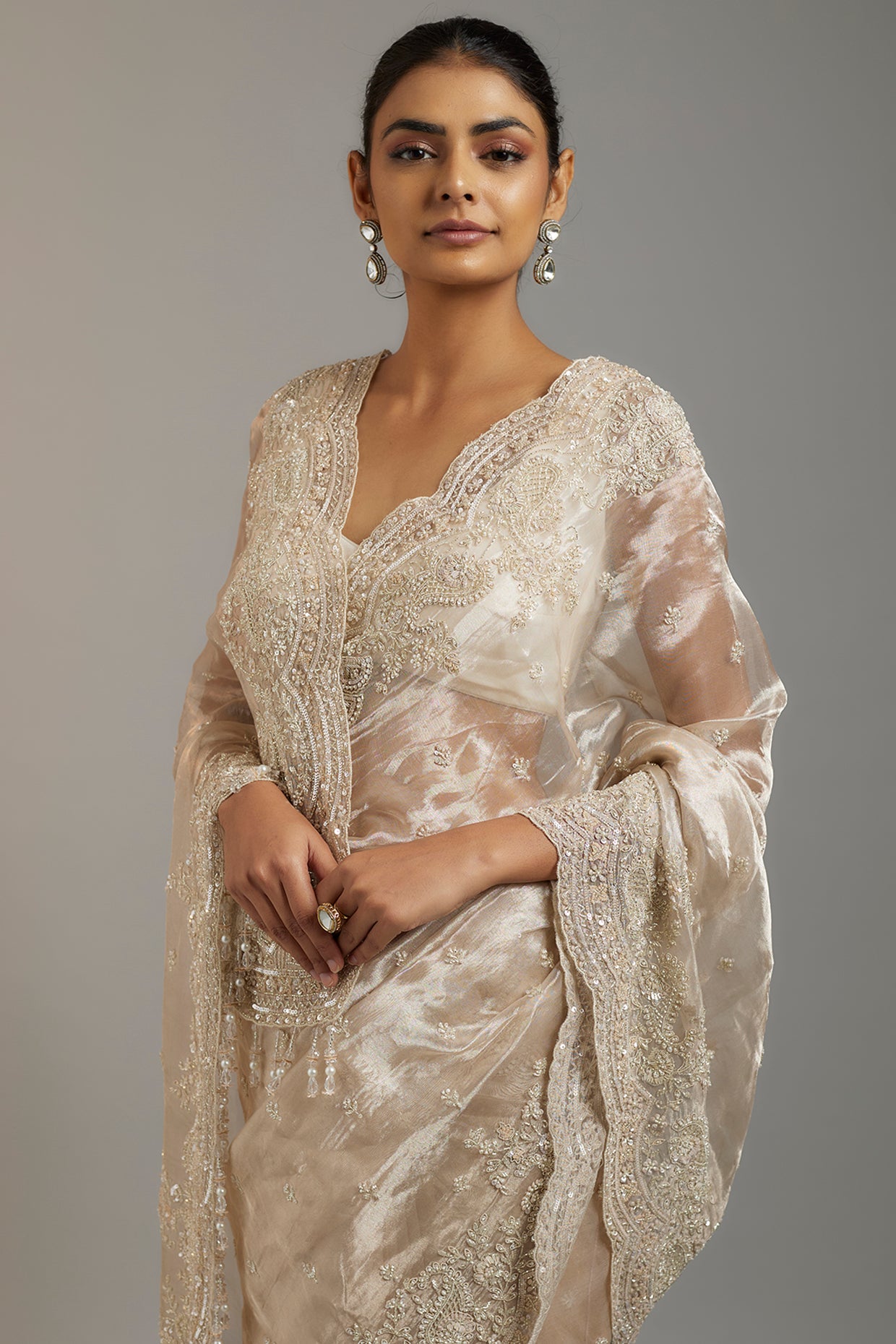 pink tissue organza sequins embellished saree set