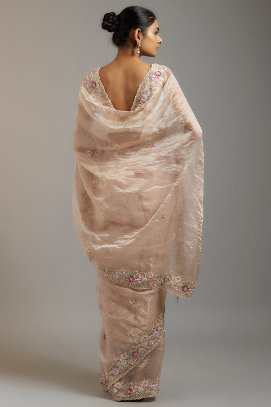 pink tissue organza sequins embellished saree set