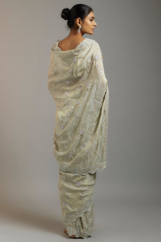 mint tissue organza sequins embellished saree set