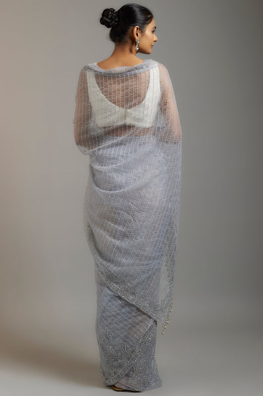 ice blue tissue organza sequins embellished saree set