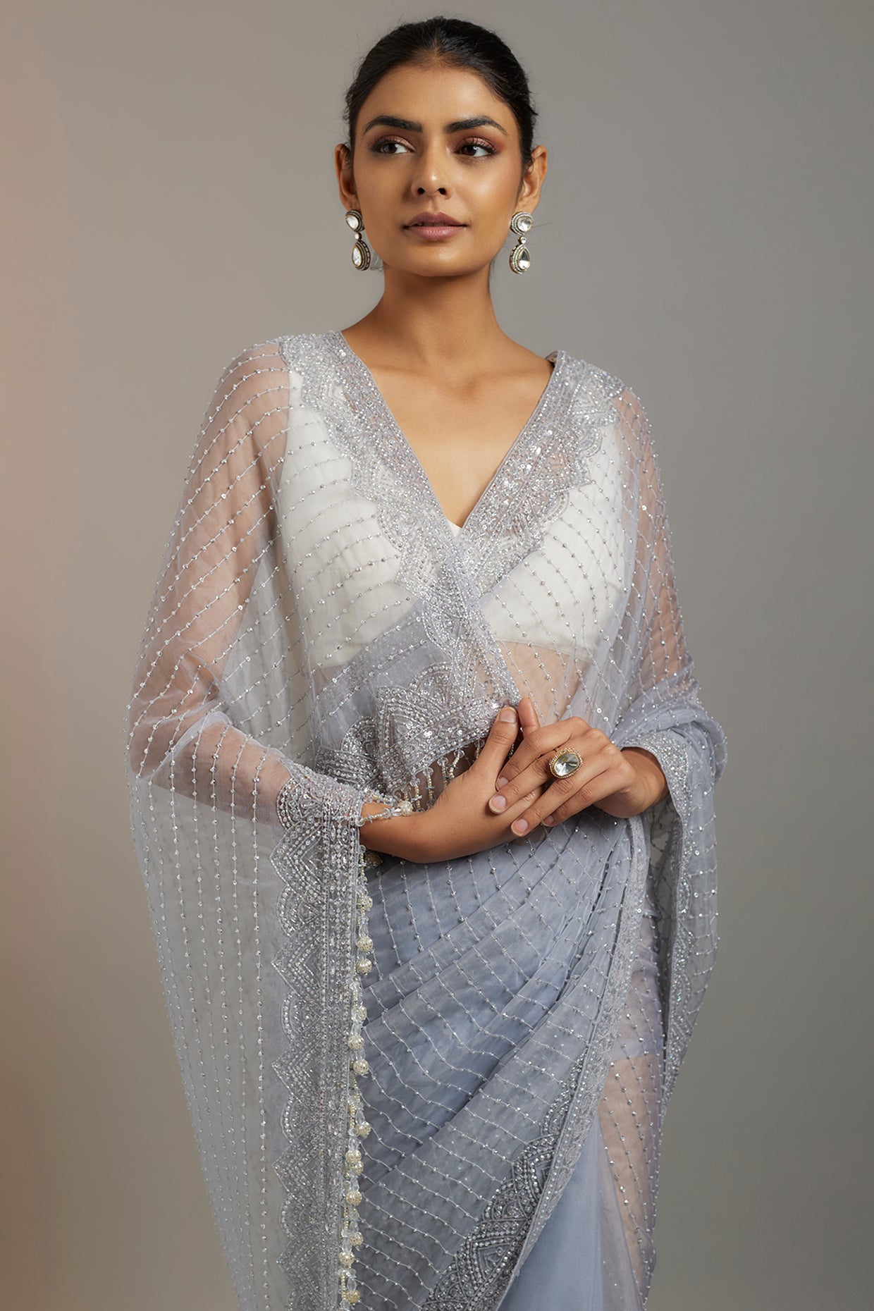 ice blue tissue organza sequins embellished saree set