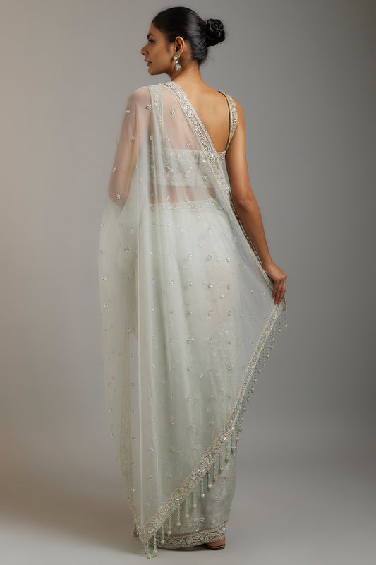 mint tissue organza sequins embellished saree set
