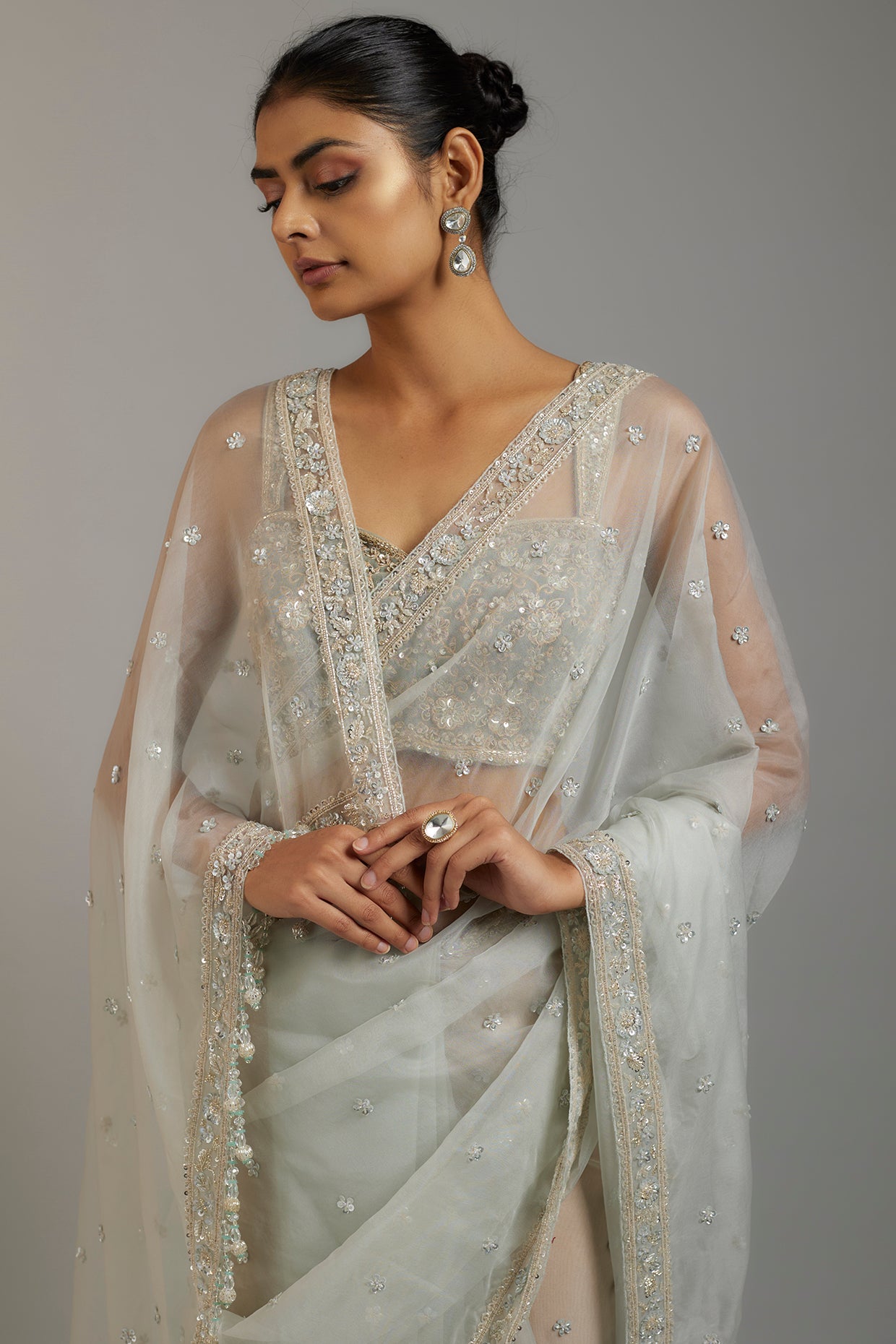 mint tissue organza sequins embellished saree set