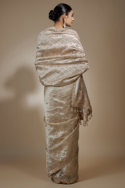 gold tissue organza sequin embellished saree set