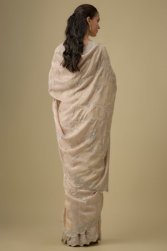 pink tissue hand & machine embroidered saree set